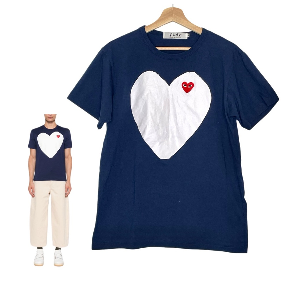 Play CDG Blue and White Short Sleeve Tee with Embroidered Heart Design Size XL